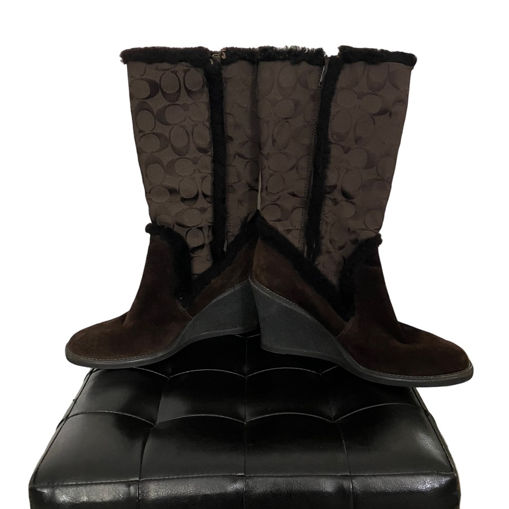 Coach Brown Monogram C Logo Jordana W123Sheepskin Suede Zip Wedges 7 1/2M No box - Picture 2 of 12